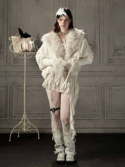 Bat Sleeve Beige Fur Collar Knit Jacket【s0000018936】