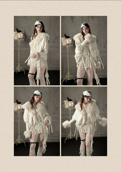 Bat Sleeve Beige Fur Collar Knit Jacket【s0000018936】