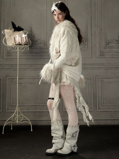 Bat Sleeve Beige Fur Collar Knit Jacket【s0000018936】