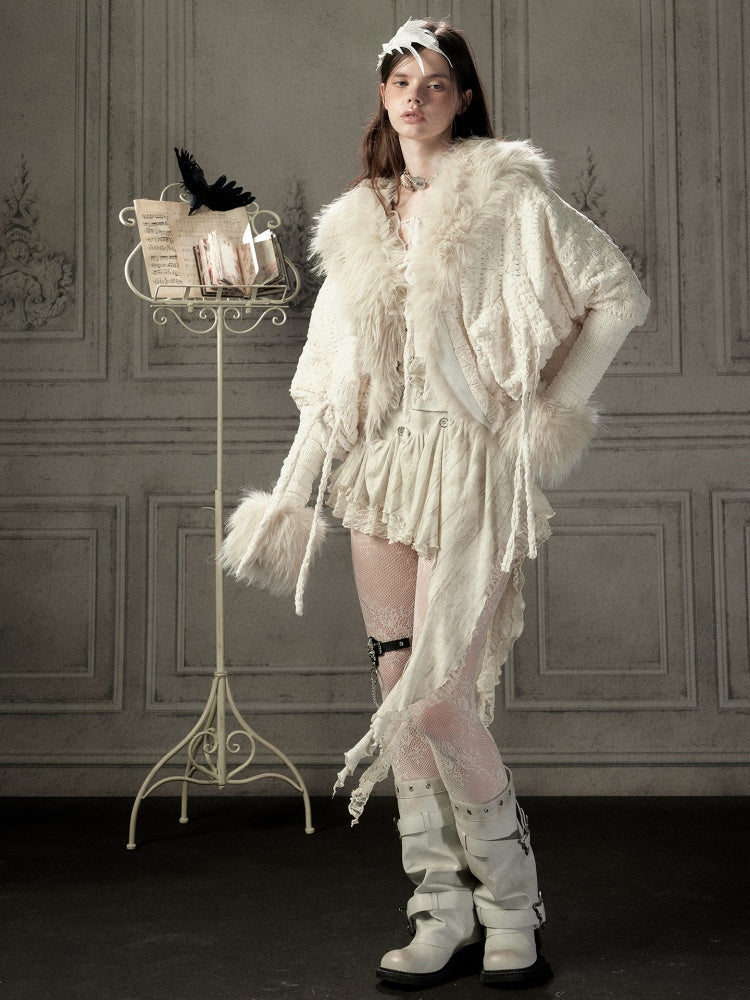 Bat Sleeve Beige Fur Collar Knit Jacket【s0000018936】