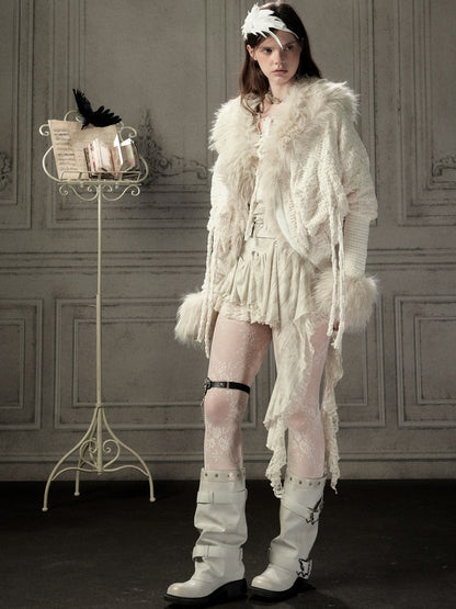 Bat Sleeve Beige Fur Collar Knit Jacket【s0000018936】