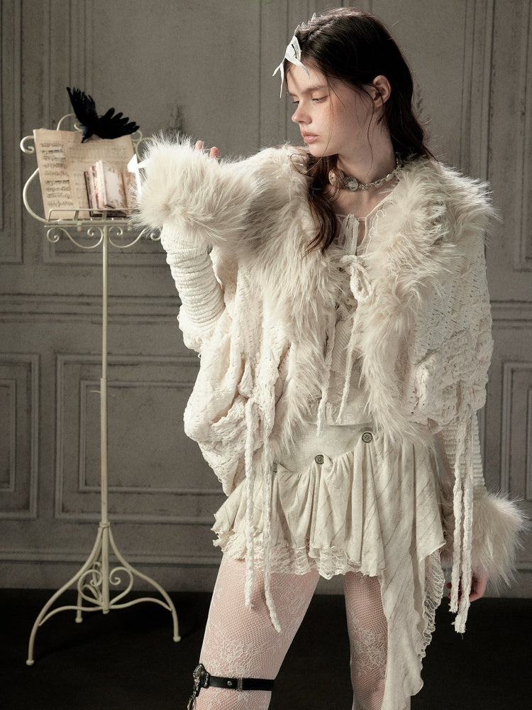Bat Sleeve Beige Fur Collar Knit Jacket【s0000018936】