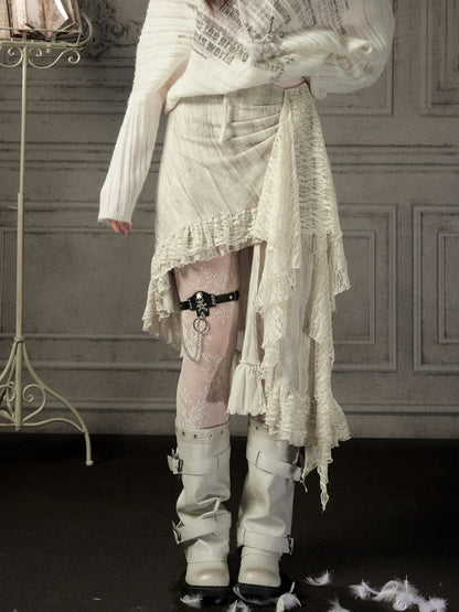 Lace Patchwork Beige Irregular Short Skirt【s0000018937】