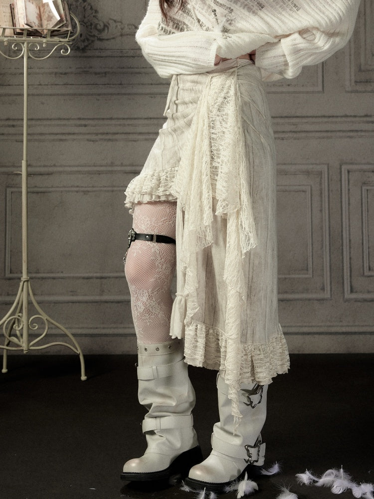 Lace Patchwork Beige Irregular Short Skirt【s0000018937】
