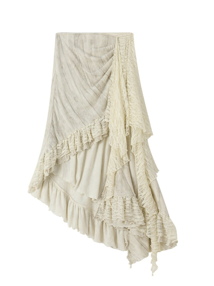 Lace Patchwork Beige Irregular Short Skirt【s0000018937】