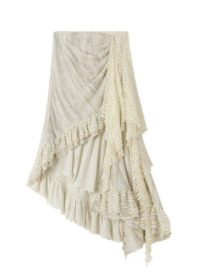 Lace Patchwork Beige Irregular Short Skirt【s0000018937】