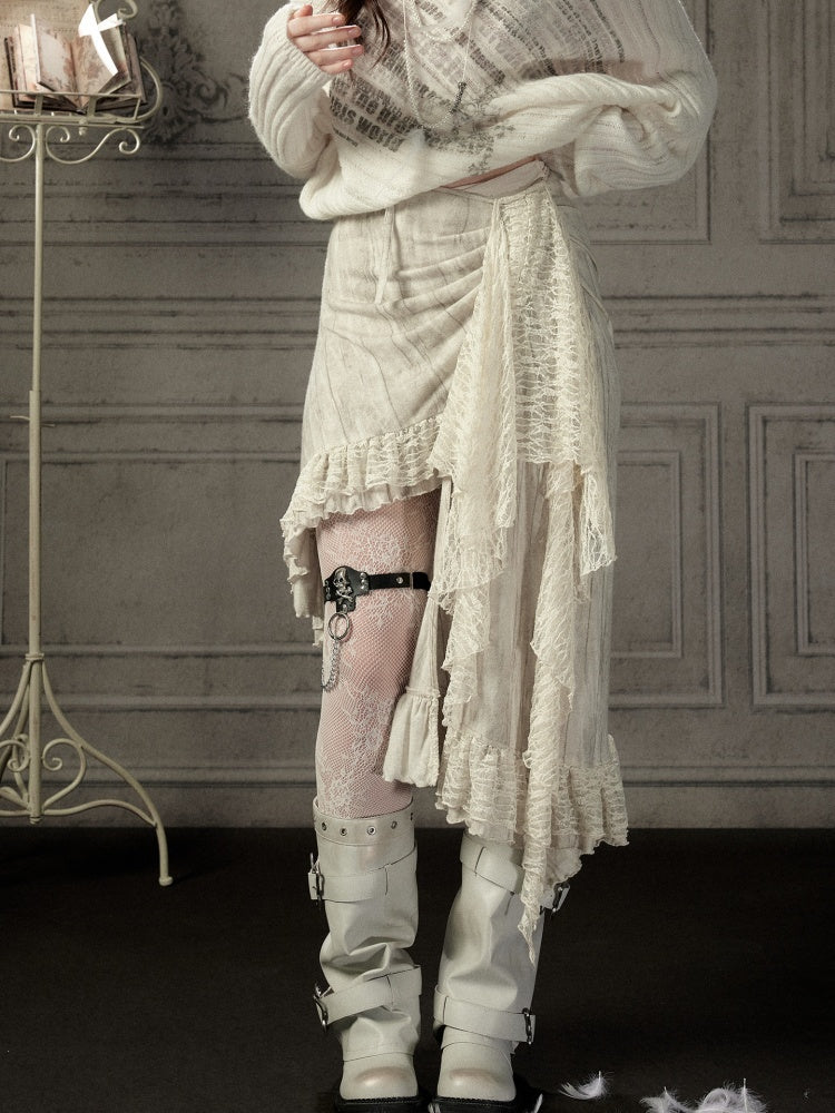 Lace Patchwork Beige Irregular Short Skirt【s0000018937】