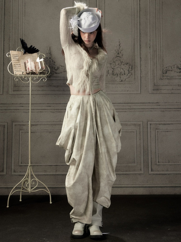 Niche Pleated Layered Beige Asymmetric Long Pants【s0000018938】