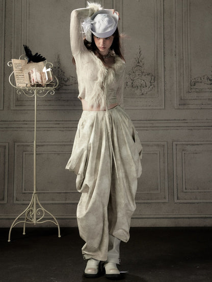Niche Pleated Layered Beige Asymmetric Long Pants【s0000018938】