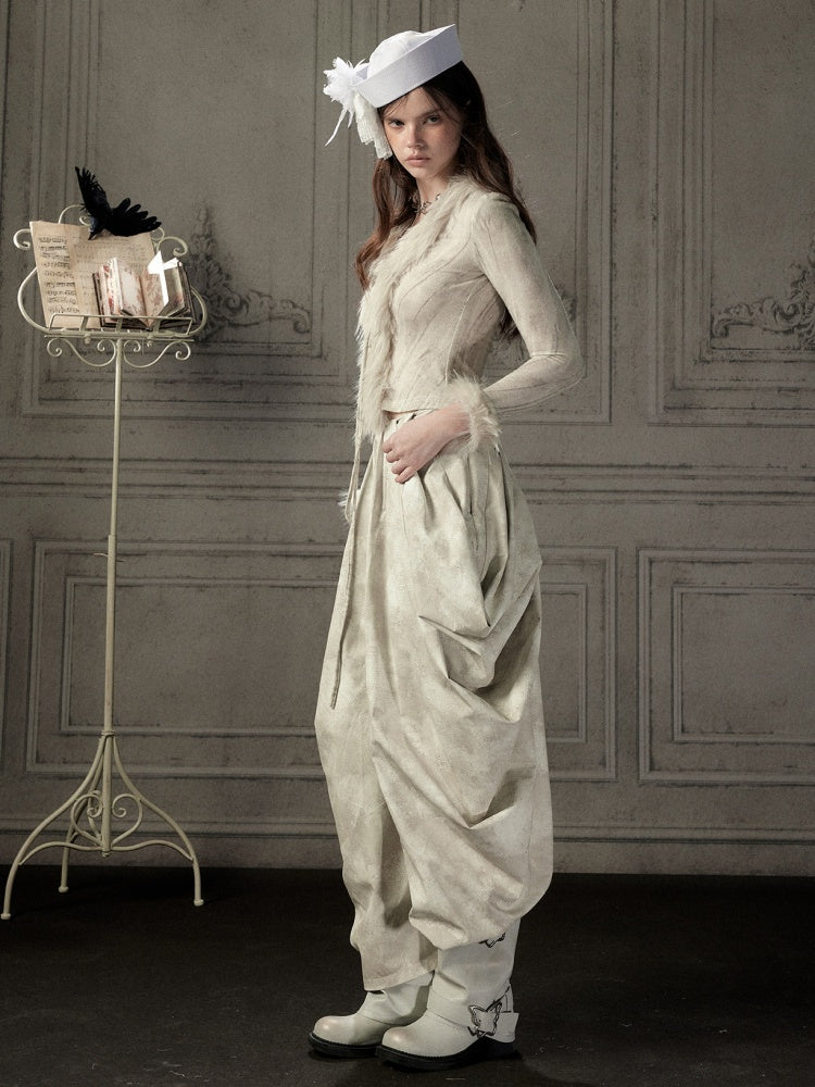Niche Pleated Layered Beige Asymmetric Long Pants【s0000018938】