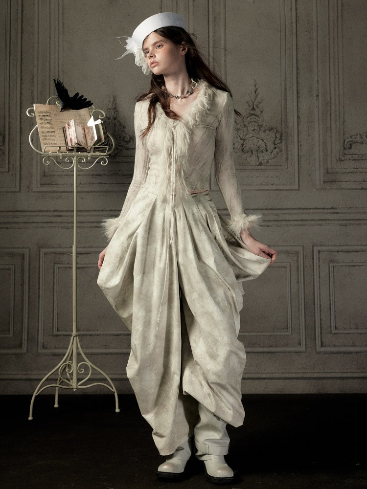 Niche Pleated Layered Beige Asymmetric Long Pants【s0000018938】