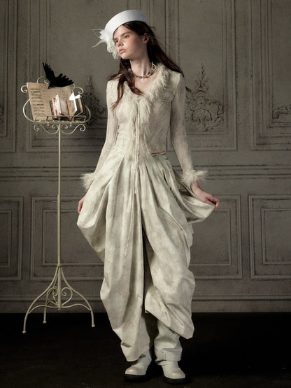 Niche Pleated Layered Beige Asymmetric Long Pants【s0000018938】