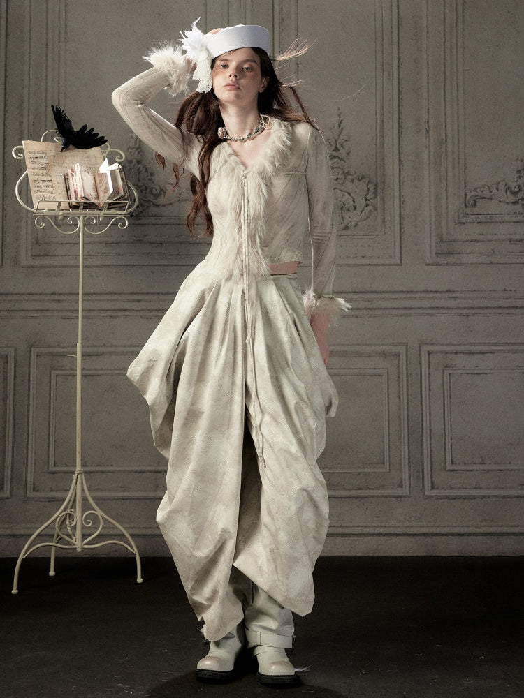 Niche Pleated Layered Beige Asymmetric Long Pants【s0000018938】