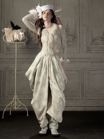 Niche Pleated Layered Beige Asymmetric Long Pants【s0000018938】