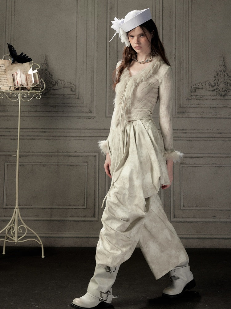 Niche Pleated Layered Beige Asymmetric Long Pants【s0000018938】