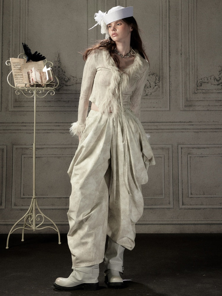 Niche Pleated Layered Beige Asymmetric Long Pants【s0000018938】
