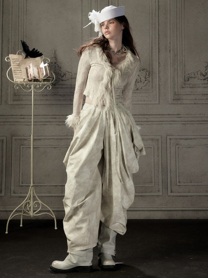 Niche Pleated Layered Beige Asymmetric Long Pants【s0000018938】