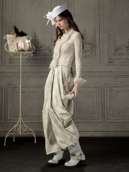 Niche Pleated Layered Beige Asymmetric Long Pants【s0000018938】
