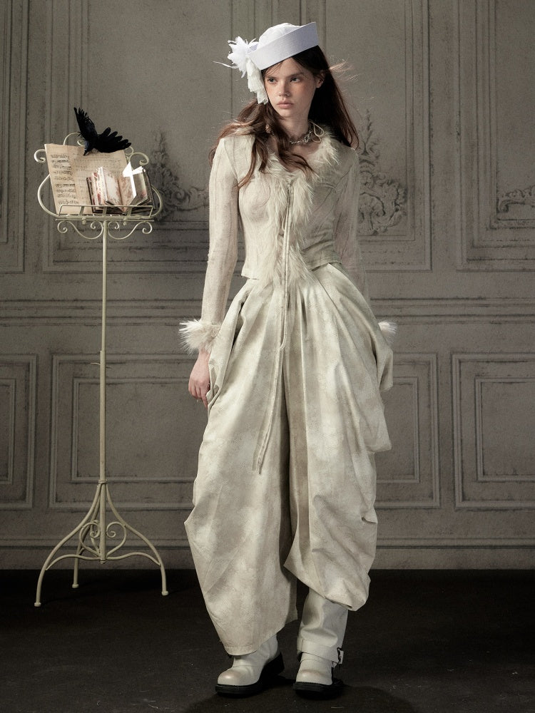 Niche Pleated Layered Beige Asymmetric Long Pants【s0000018938】