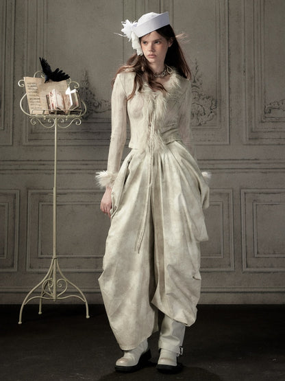 Niche Pleated Layered Beige Asymmetric Long Pants【s0000018938】