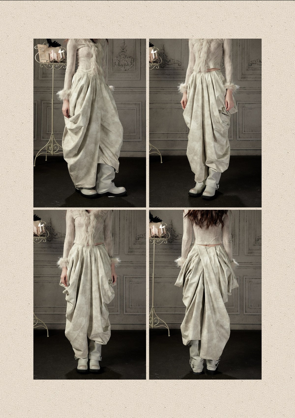 Niche Pleated Layered Beige Asymmetric Long Pants【s0000018938】
