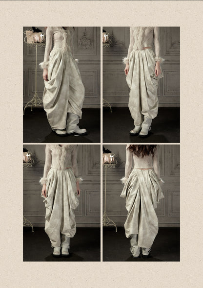 Niche Pleated Layered Beige Asymmetric Long Pants【s0000018938】