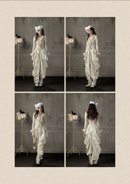 Niche Pleated Layered Beige Asymmetric Long Pants【s0000018938】