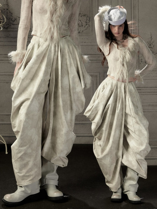 Niche Pleated Layered Beige Asymmetric Long Pants【s0000018938】