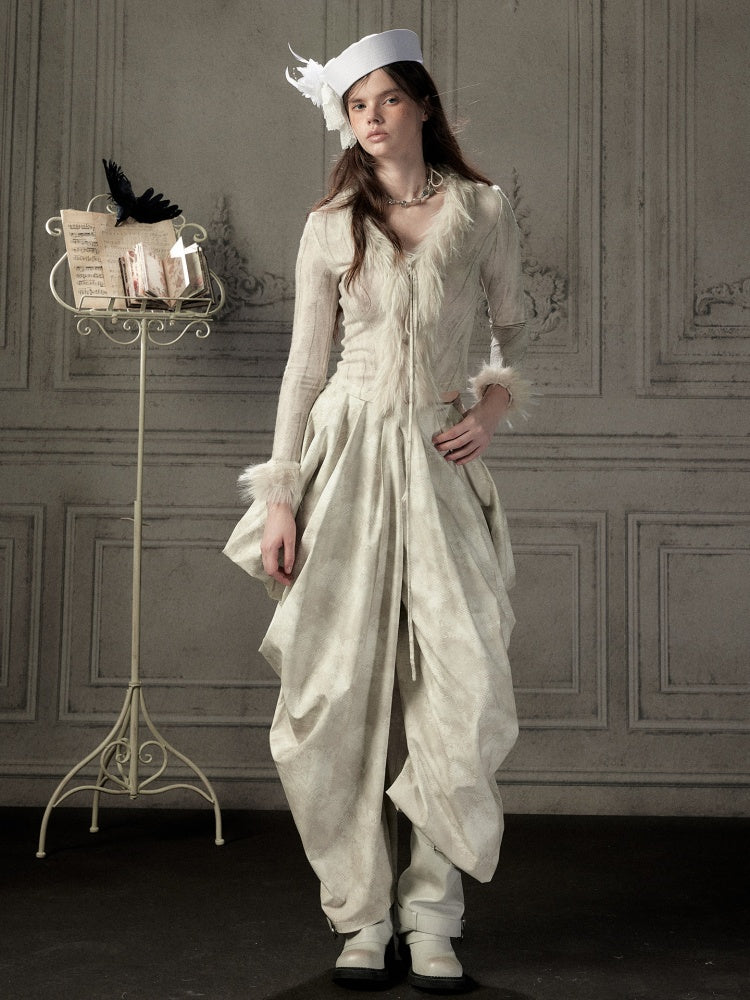 Niche Pleated Layered Beige Asymmetric Long Pants【s0000018938】