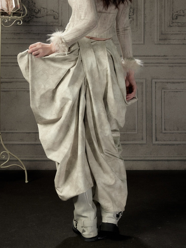 Niche Pleated Layered Beige Asymmetric Long Pants【s0000018938】