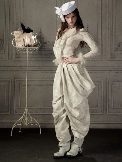 Niche Pleated Layered Beige Asymmetric Long Pants【s0000018938】