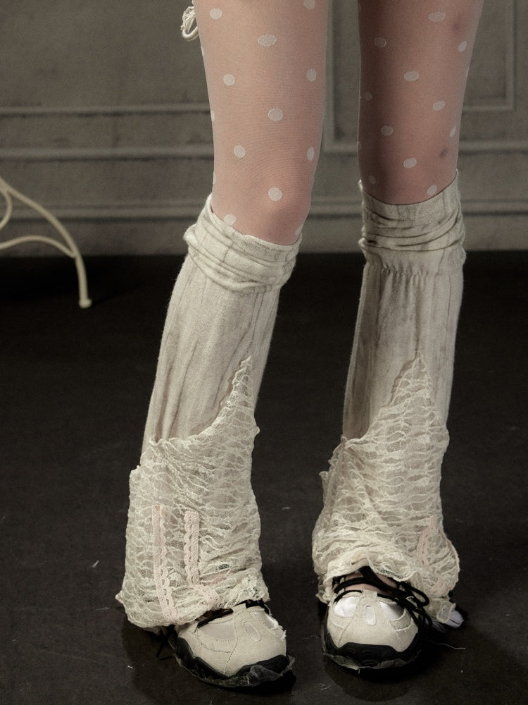 Lace Patchwork Leg Covers Slouchy Beige Calf Socks【s0000018939】