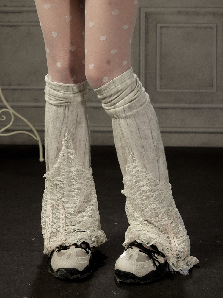 Lace Patchwork Leg Covers Slouchy Beige Calf Socks【s0000018939】