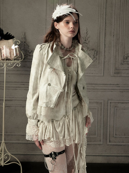 Slim-Fit Lace Lapel Beige Asymmetric Jacket【s0000018940】