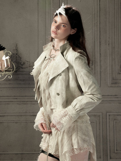 Slim-Fit Lace Lapel Beige Asymmetric Jacket【s0000018940】
