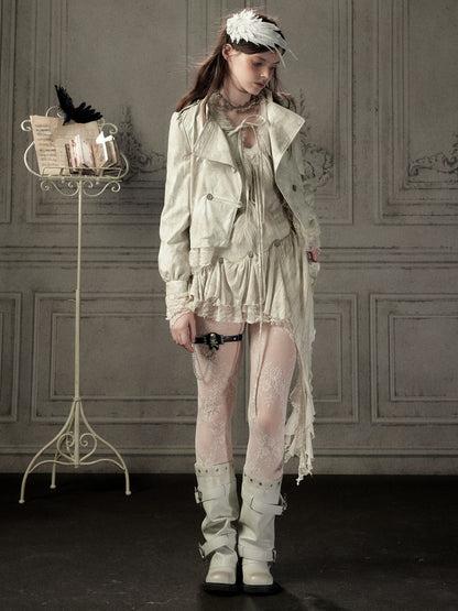 Slim-Fit Lace Lapel Beige Asymmetric Jacket【s0000018940】