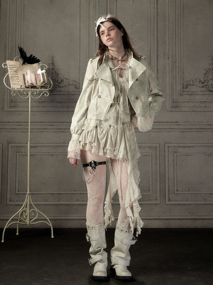 Slim-Fit Lace Lapel Beige Asymmetric Jacket【s0000018940】