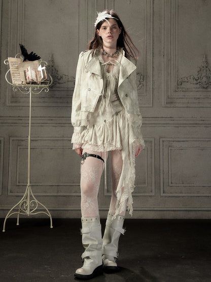 Slim-Fit Lace Lapel Beige Asymmetric Jacket【s0000018940】