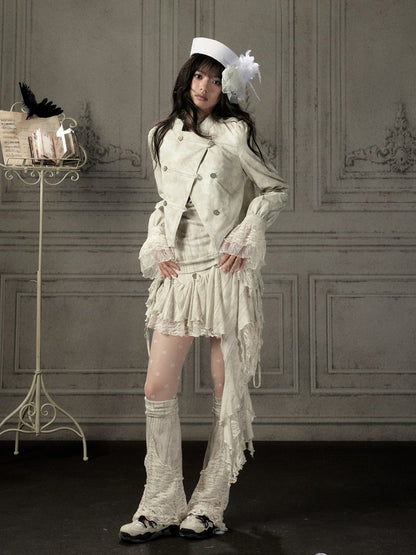 Slim-Fit Lace Lapel Beige Asymmetric Jacket【s0000018940】