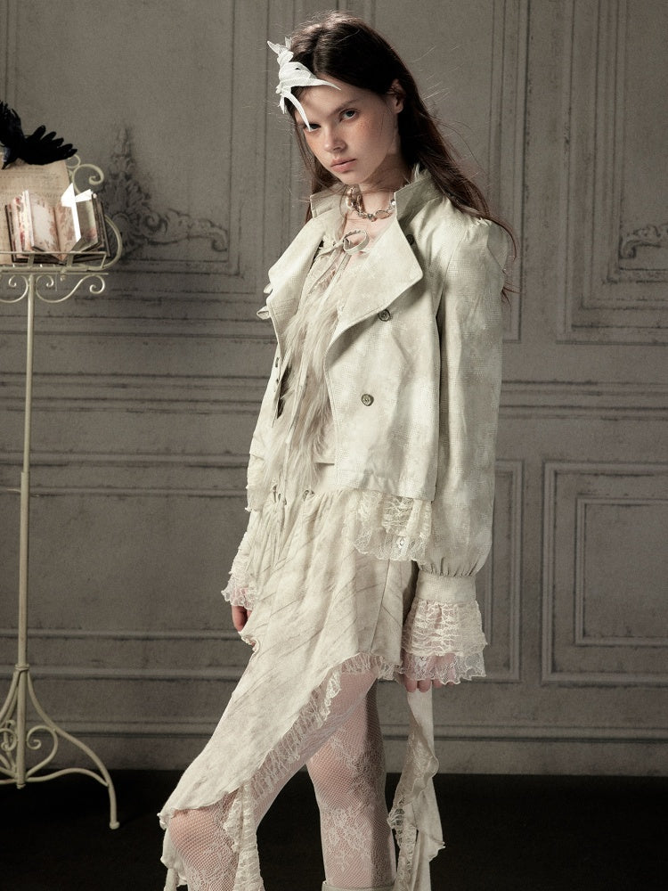 Slim-Fit Lace Lapel Beige Asymmetric Jacket【s0000018940】