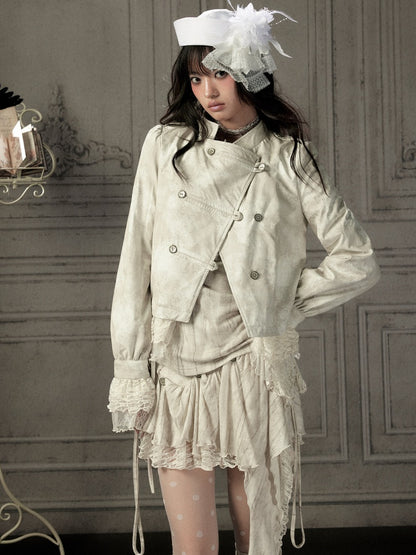 Slim-Fit Lace Lapel Beige Asymmetric Jacket【s0000018940】