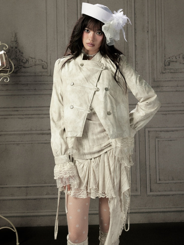 Slim-Fit Lace Lapel Beige Asymmetric Jacket【s0000018940】