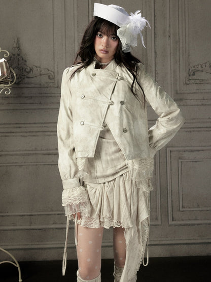 Slim-Fit Lace Lapel Beige Asymmetric Jacket【s0000018940】