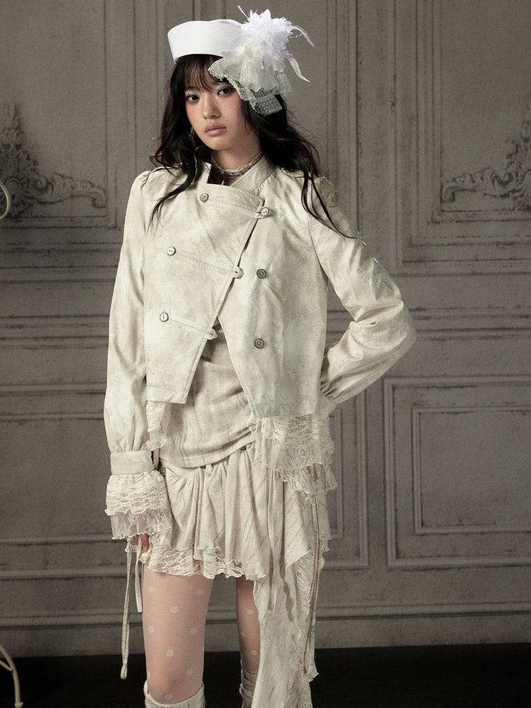 Slim-Fit Lace Lapel Beige Asymmetric Jacket【s0000018940】