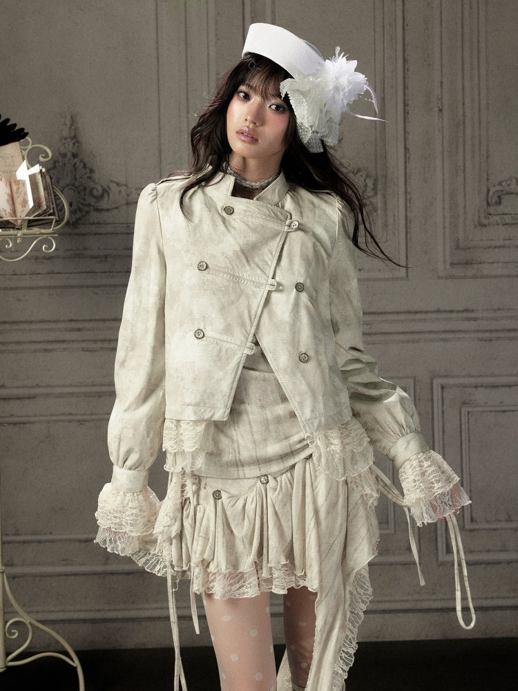 Slim-Fit Lace Lapel Beige Asymmetric Jacket【s0000018940】