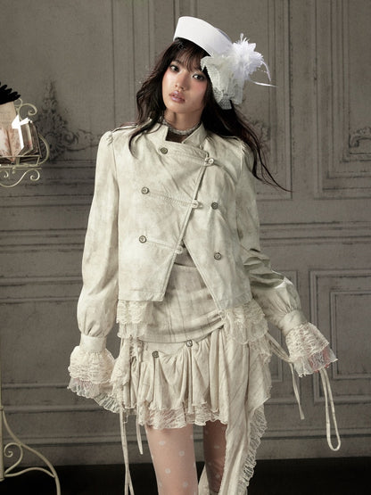 Slim-Fit Lace Lapel Beige Asymmetric Jacket【s0000018940】