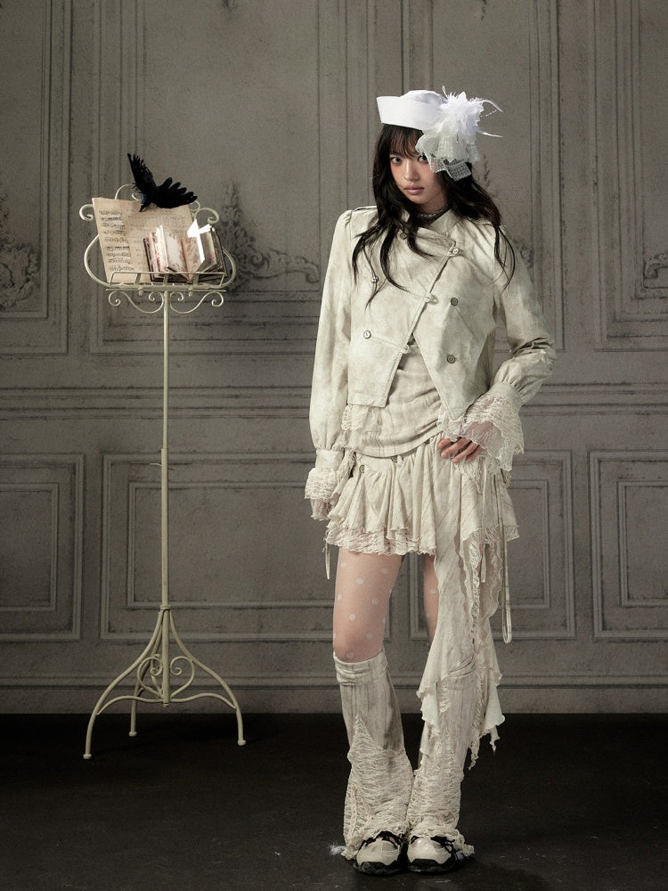 Slim-Fit Lace Lapel Beige Asymmetric Jacket【s0000018940】