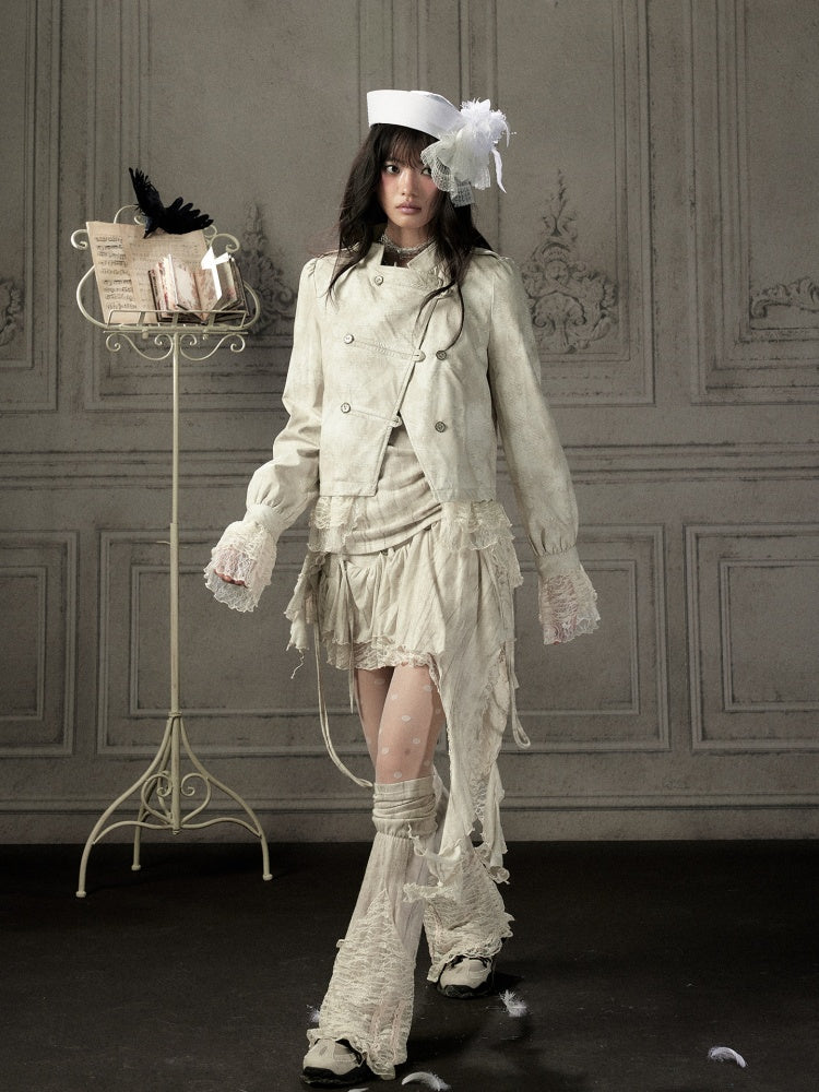 Slim-Fit Lace Lapel Beige Asymmetric Jacket【s0000018940】