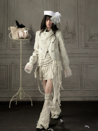 Slim-Fit Lace Lapel Beige Asymmetric Jacket【s0000018940】
