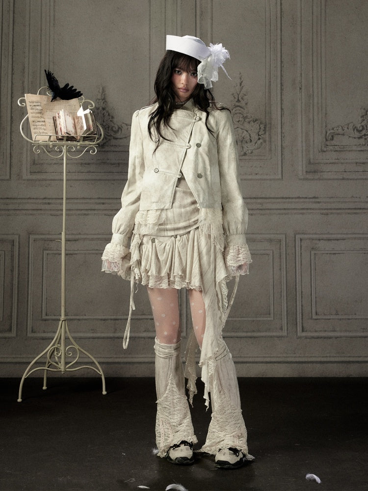 Slim-Fit Lace Lapel Beige Asymmetric Jacket【s0000018940】